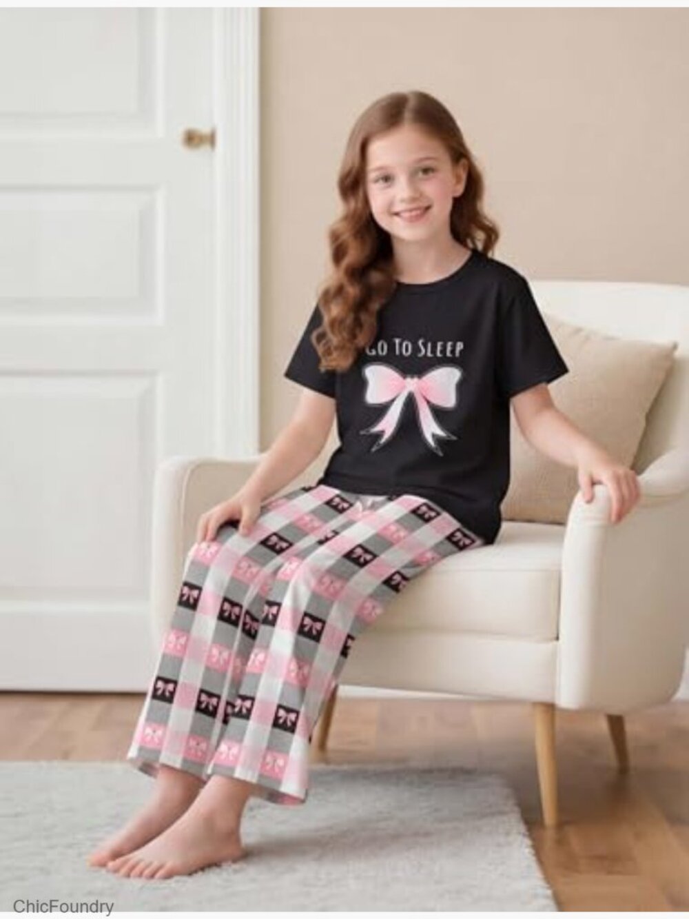 Girls Pajama Set Short Sleeve Top Long Pants Shorts 3-Piece Sleepwear with - Picture 3 of 7